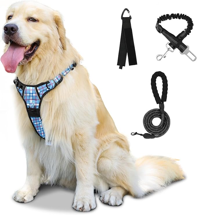 FURRYFECTION Plaid Dog Harness for Large Dogs | No Pull Reflective Pet Harness | No Choke Adjustable Dog Vest Harnesses | with Leash | Easy Control Handle | Front Lead | Seat Belt | Blue&White | L