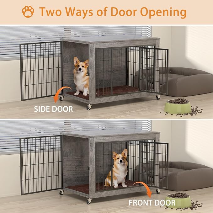 32" Dog Crate Furniture with Cushion,Dog Kennel Indoor for Small/Medium Dog,Wooden Pet House End Table with Durable Mesh,Decorative Pet Crate with Wheels,Wide Top Dog Cage with Storage,Grey
