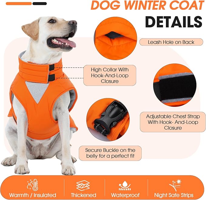 XXL Dog Coat, Warm Dog Winter Jacket, Waterproof Dogs Snowsuit With Foldable High Collar, Reflective Strips, Leash Hole, And Adjustable Hook & Loop Closure - Ideal For Cold Weather - Orange XXL