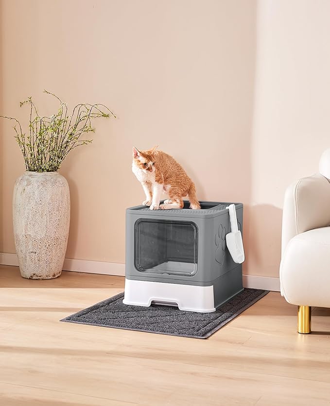Cat Litter Box with X-Large Litter Mat and Scoop, Large Foldable Litter Box with Lid, Enclosed Kitty Box,Front Top Entry Exit, Odor Control Easy to Clean (Upgrade Dark Grey)