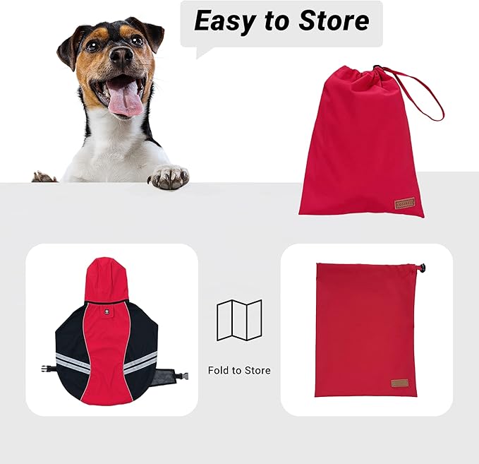Dog Raincoat for Medium Large Extra Large Dogs, Waterproof Rain Jacket with Reflective Strap, Lightweight Hoodies Full-Body Coverage Dry Clothes (2XL, Red)