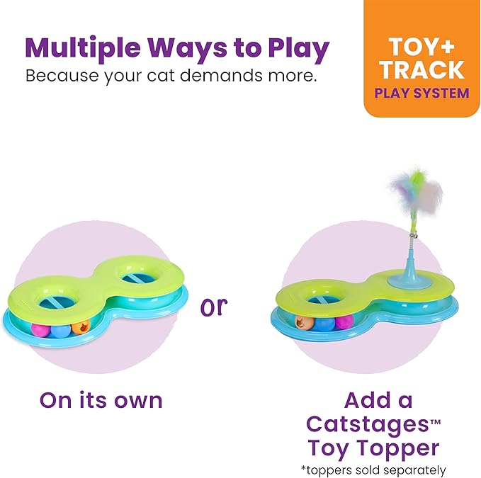 Catstages Infinity Ball Track for Cats with Two Balls, Including One Light-Up-Ball, Figure-8 Shaped Track Compatible with Topper Toys, Green