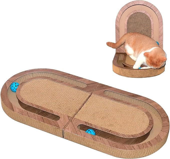 26" Cat Scratcher with Bells, Double Sided Interactive Toy - Encourages Healthy Scratching for Indoor Cats, Use on Floor, Wall or Couch