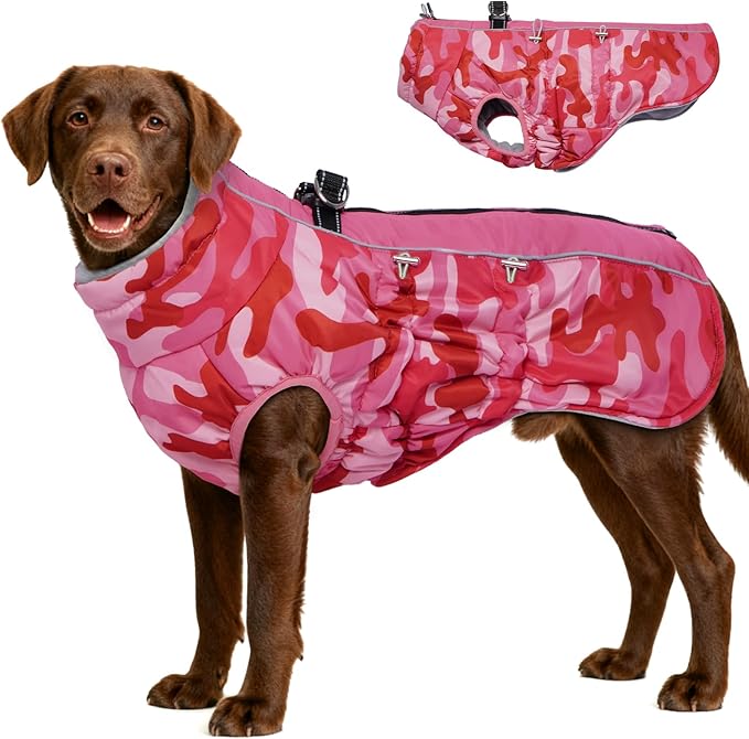Dog Coat Winter Warm Dog Jackets for Large Dogs Reflective Snowsuit with Harness Fleece Dogs Snow Jacket Waterproof Pet Clothes for Cold Weather