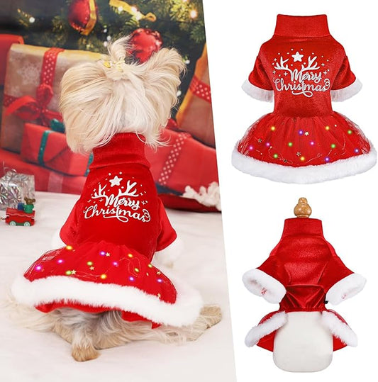 Dog Christmas Dress Light Up Pet Christmas Costume Outfit Fall Winter Puppy Sweaters for Small Dogs Girl Cat Clothes Pet Apparel