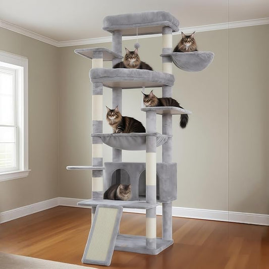 Heybly Tall Cat Tree for Large Cat, 80-inch Multi-Level Cat Tower for Indoor Cats with Large Baseboard, Condo Furniture with 2 Widened Plush Perches,Scratching Board and Big Caves, Light Gray HCT038W