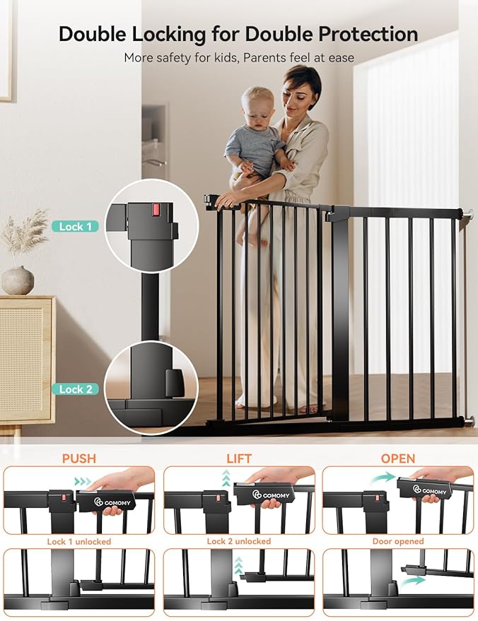 COMOMY 30" Tall Baby Gate for Stairs Doorways, Fits Openings 29.5" to 46" Wide, Auto Close Extra Wide Dog Gate for House, Pressure Mounted Easy Walk Through Pet Gate with Door, Black