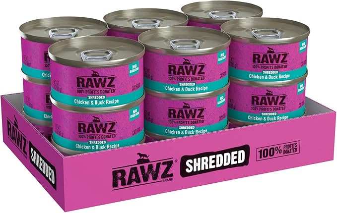 Rawz Natural Premium Shredded Canned Cat Wet Food - Grain Free Made with Real Meat Ingredients No BPA or Gums - 3oz Cans 18 Count (Chicken & Duck)