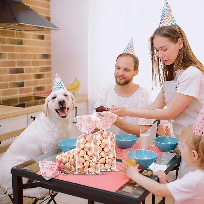 Blulu 100 Pieces Dog Treat Bags Puppy Party Favor Pet Paw Cone Cellophane Bags Candy Heat SealableDog Paw Gift with 100 Pieces Silver Twist Ties for Pet Cat Treat Party Favor(Pink)