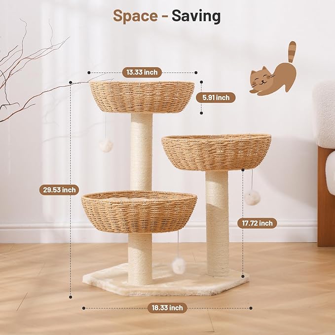 Rattan Cat Tree House with Scratching Post,Wicker Basket,Bed,and Stand Modern Cat Climbing Tower Condo for Indoor Large Adult Cat