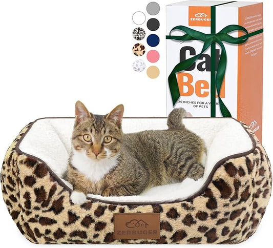 Rectangle Cat Dog Bed for Large Medium Small Pets Indoor Outdoor Machine Washable Sleeping Sofa Non-Slip Bottom Soft Puppy Bed Durable Orthopedic Calming Pet Cuddler (Small, Leopard)