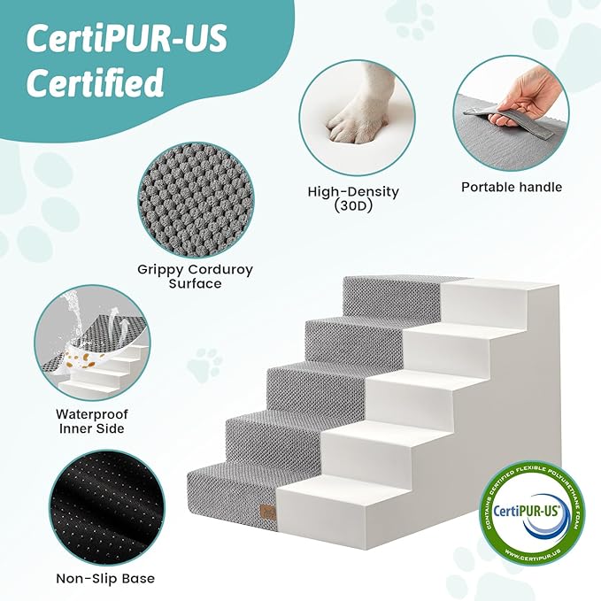Slope Dog Stairs for Small Dogs 17.7" H, Pet Steps for Bed, Couch with Certified Foam, Non-Slip Dog Ramp Ladder for Puppy Older Cats, 5 Step, Grey