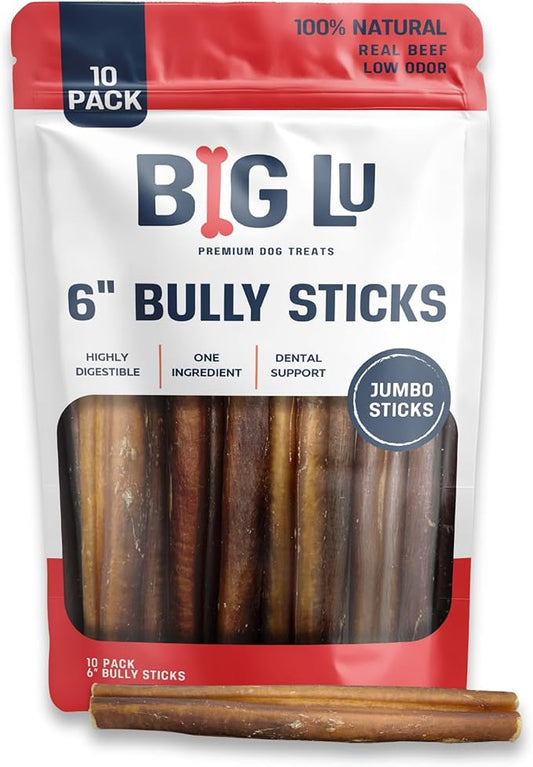 Big Lu - 6” Jumbo Bully Sticks, 10 Count, 100% Grass-Fed Beef Chews, Fully Digestible, Long-Lasting Treats for Aggressive Chewers, Natural Single-Ingredient Chews for Puppies and Small Dogs