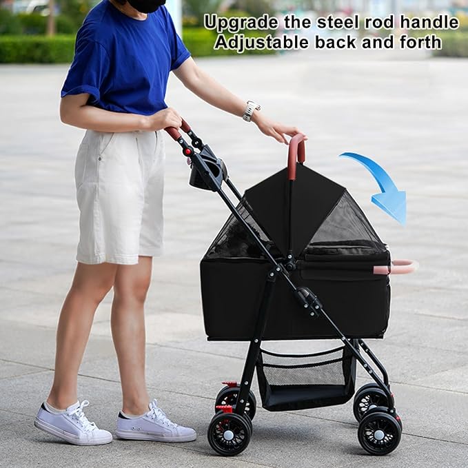 Pet Stroller-Folding 4 Wheels Cat/Dog Stroller for Medium Small Pets with Storage Basket and Cup Holder Suitable for Going Out and Traveling (Black)