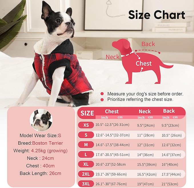 Fleece Lining Dog Hoodie for Large Dogs Extra Warm Plaid Sweater with Drawstring Hooded Coats in Winter Doggie Jacket,Red XXL