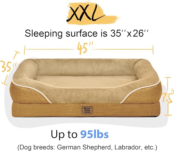 Washable Orthopedic Large Dog Bed -XL Large Dog Bed with Removable & Waterproof Cover Pet Beds with Foam Support for Big Size Dogs with Bolster