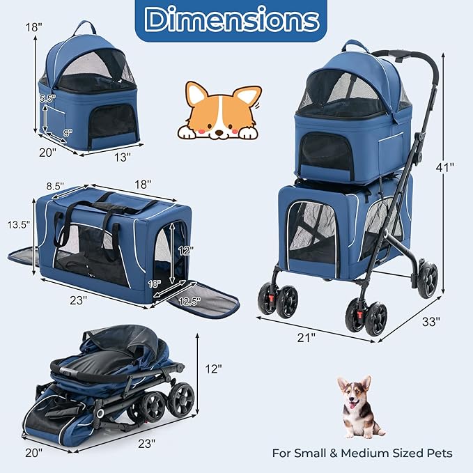 Giantex Double Dog Stroller for 2 Dogs, Detachable Carriers, Safety Belt, 4 Lockable Wheels, Pet Travel Carrier Strolling Cart, Folding Cat Stroller for Small Medium Pets Dogs (Blue)