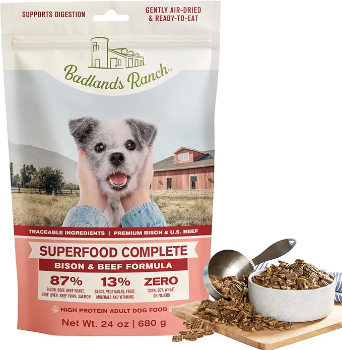 BADLANDS RANCH - Superfood Complete, Air-Dried Adult Dog Food - High Protein, Zero Fillers, Superfood Nutrition by Katherine Heigl (24 oz, Beef & Bison Formula)