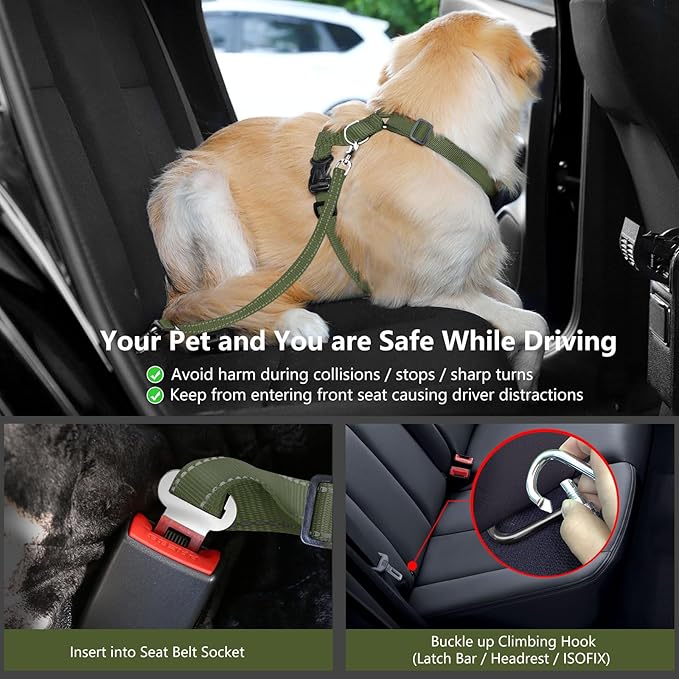 Dog Seat Belt Harness for Car, Dog Car Harness Adjustable Mesh Breathable & Dogs Seatbelt Safety Tether with Elastic Bungee for Small Medium Large Pets(Army Green, L)