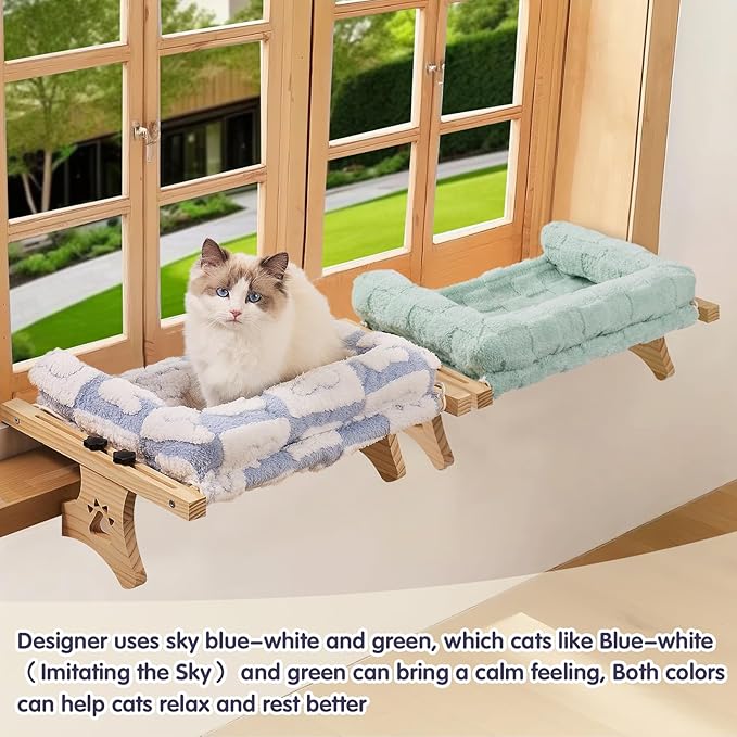 Cat Sill Window Perch Sturdy Hammock Window Seat with Cushion Bed Cover, Premium Wood & Metal Frame for Cats, Easy to Adjust Cat Bed for Windowsill, Bedside and Drawer (White-Blue, 15)