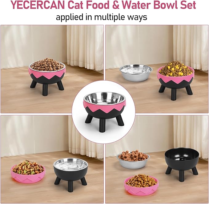 Raised Cat Food Bowls, Cute Cat Feeding Bowls for Food/Water Elevated with Non-Slip Stand, Detachable Anti Vomiting Stainless Steel Pet Bowl for Kitten, Puppies, Small Dogs Indoor/Outdoor