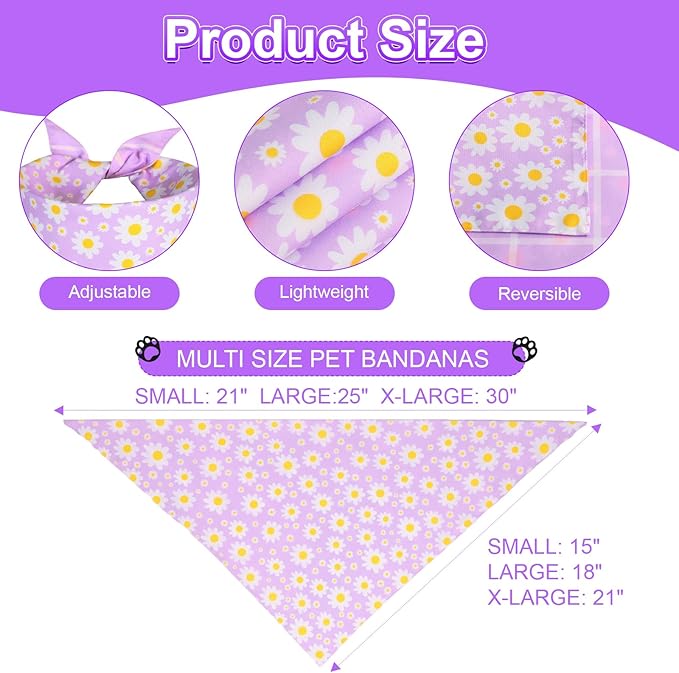 Summer Dog Bandanas Girl Large 2PCS, Purple Pink Daisy Scarf, Durable Triangle Reversible Spring Bibs Handkerchief for Puppy Pet