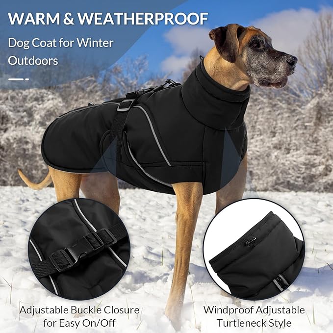 Queenmore Winter Dog Coat Warm Dog Jacket Vest Waterproof Puffer Fleece Snowsuit Adjustable Buckle Leash Hole Reflective Cold Weather Parka for Small Medium Large Dogs Girl Boy Black L