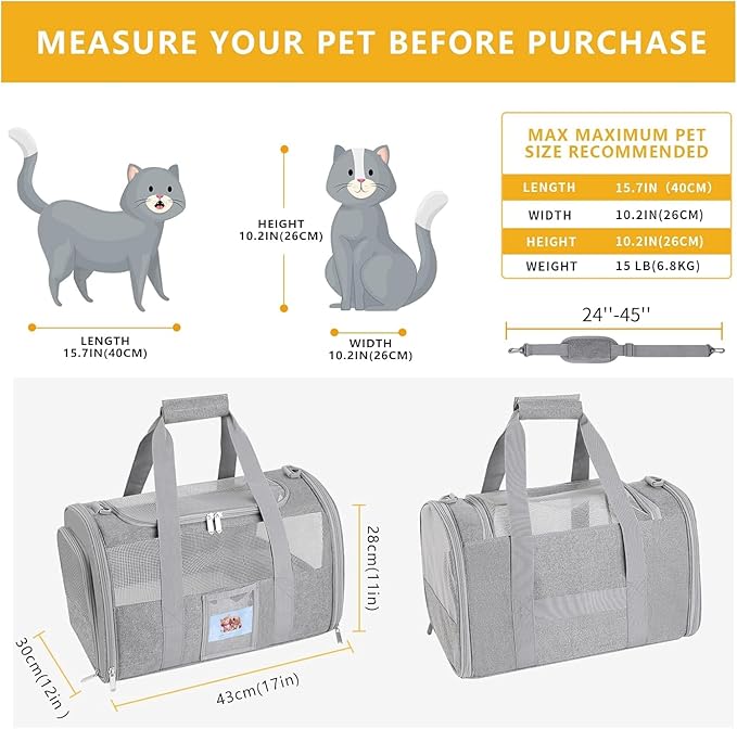 Pet Carrier TSA Airline Approved Small Dogs, Kitten, Carriers for Small Medium Cats Under 15lb, Collapsible Soft Sided Cat Travel Carrier-Grey
