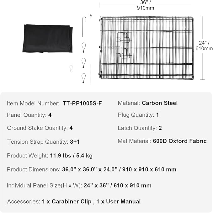 VEVOR Dog Playpen, 4 Pcs 24 x 36 in Panels Foldable Metal Pet Exercise Pen, Dog Fence Indoor and Outdoor Pen with Door and 600D Oxford Fabric Bottom Pad, for Dogs, Cats and Other Small Animals
