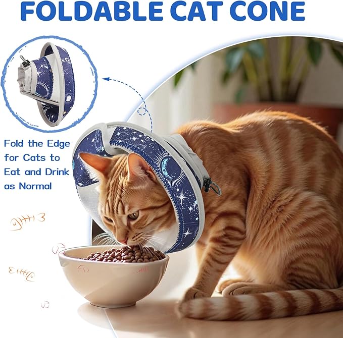 Breathable Air Mesh Cat Cone Collar Soft to Stop Licking, Adjustable, Foldable Lightweight Kitten Cones After Surgery Recovery for Cats & Kittens (Star Blue,S)
