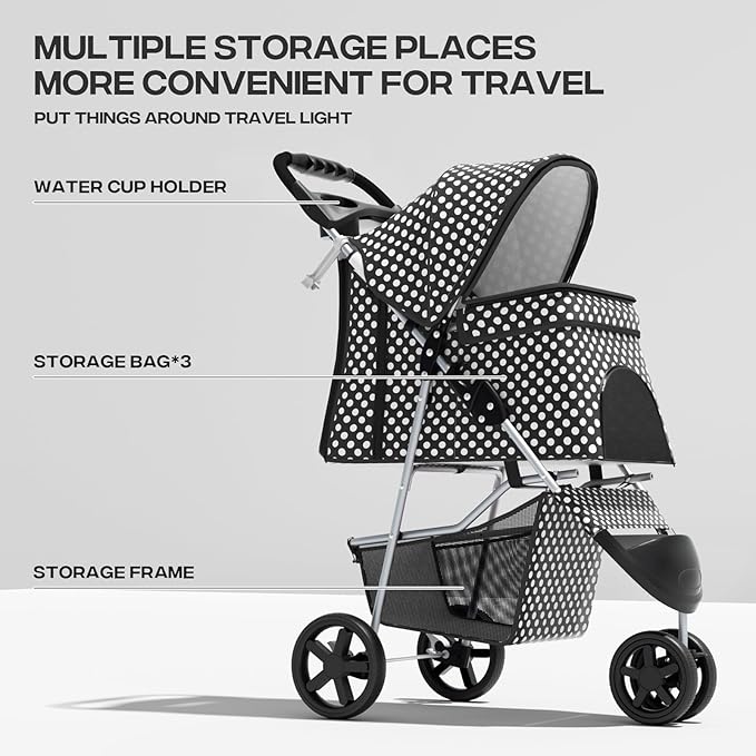 Cat Dog Stroller,3-Wheels Pet Stroller for Medium/Puppy Dogs 30 Lbs, Cat Strollers for 1 Cats, Foldable Dog Stroller with Storage Basket and Cup Holder, Breathable Mesh Black Polka Dots