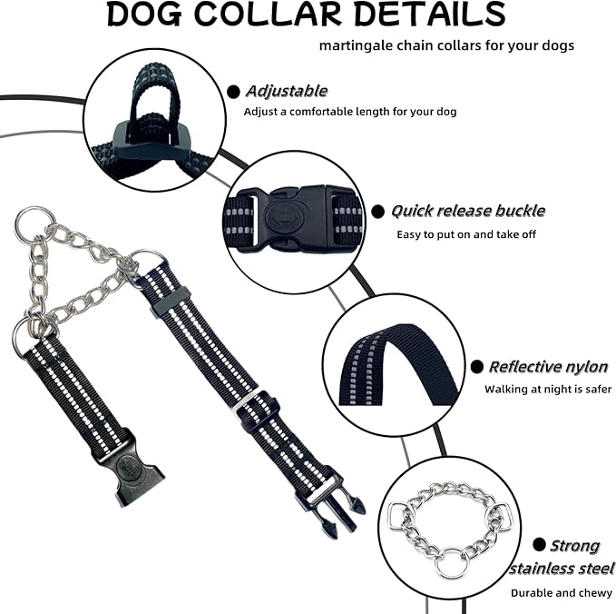 Martingale Dog Collars, Reflective Nylon Collar with Stainless Steel Chain, Adjustable Walking Training Dog Collars with Quick Release Buckle, Suitable for Small Medium Large Dogs(Black,S)