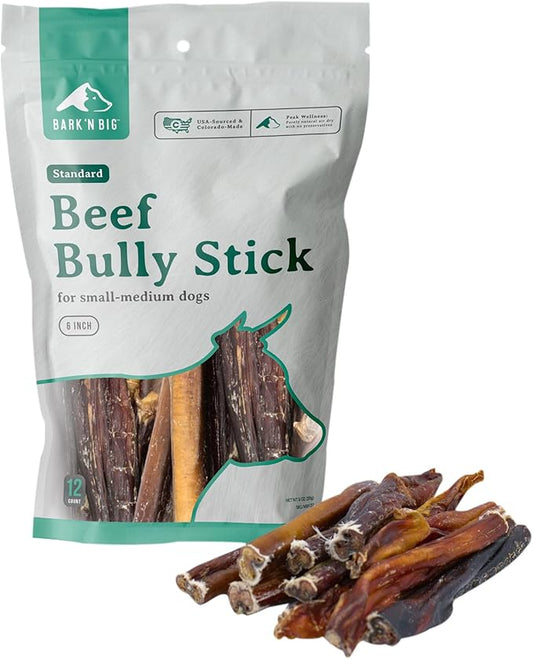 BARK'N BIG 6 Inch Odor Free Bully Sticks for Dogs Made in USA - Single Ingredient Dog Chew - Premium Pizzle Sticks - Beef Pizzles for Small and Medium Breeds - 12 Count