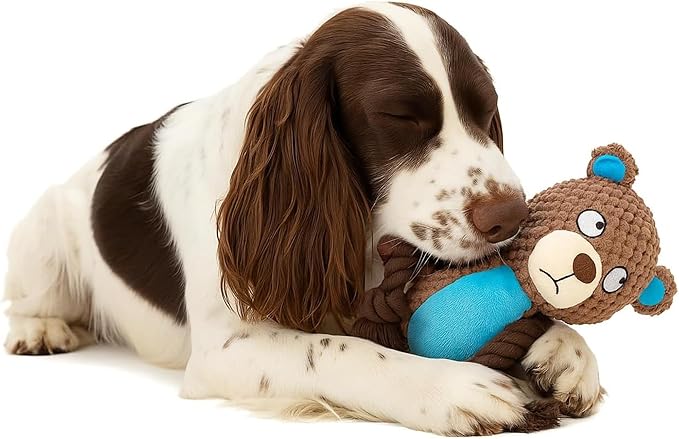 Plush Bear Dog Toy with Rope Arms, Squeaky Interactive Pet Toy, Brown and Blue, for Small & Medium Dogs