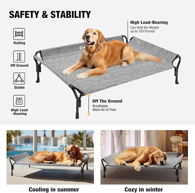 Veehoo Cooling Elevated Dog Bed, Raised Pet Cot with Guardrail & Slope Headrest, Durable Breathable Teslin Mesh, Non-Slip Feet, Washable Dog Couch Bed for Indoor & Outdoor, 39.5" x 28", Black Silver