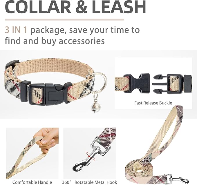 PUPTECK Adjustable Dog Harness Collar and Leash Set Step in No Pull Pet Harness for Small Medium Dogs Puppy and Cats Outdoor Walking Running, Soft Mesh Padded Reflective Vest Harnesses, Beige XXS