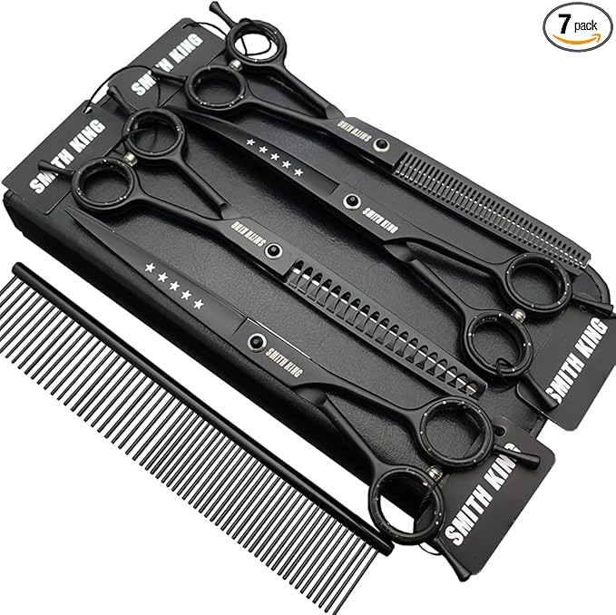 7.0 inches Professional Dog Grooming Scissors Set Straight & thinning & Curved & chunkers & comb 5pcs in 1 Set for left-handed & right handed Black