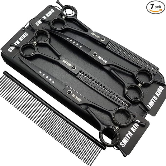 7.0 inches Professional Dog Grooming Scissors Set Straight & thinning & Curved & chunkers & comb 5pcs in 1 Set for left-handed & right handed Black