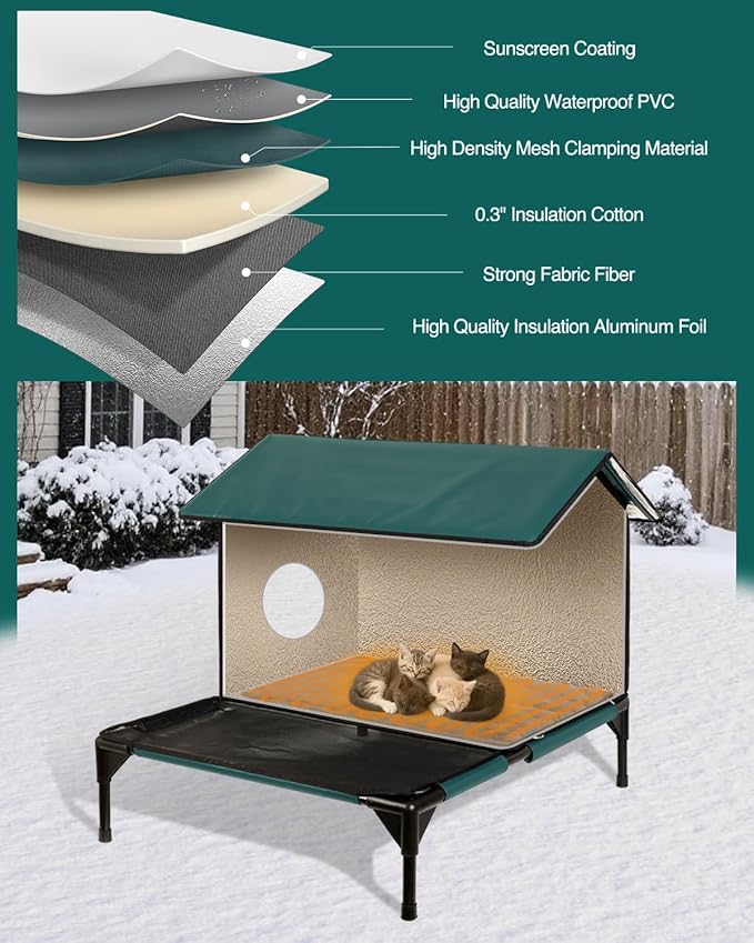 Heated Cat House for Outside,More Platform Space,Extremely Weatherproof & Insulated in Winter,Elevated Outdoor Cat Shelter with Eaves & Escape Door for Barn Feral Stray Cat(Dark Green,Large)
