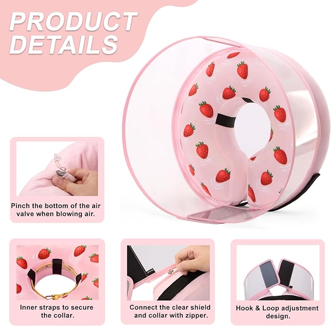 Inflatable Dog Cone Collar for Large Medium Small Dogs, Soft Dog Donut Collar Adjustable Recovery Cone for Pets After Surgery, Extra Enhanced Anti-Licking Guard Shield (Strawberry Print, Medium)