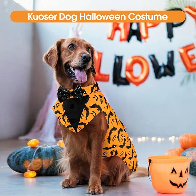 Kuoser Dog Tuxedo Suit and Bandana Set, Bat Pumpkin Print Dogs Halloween Outfit Adjustable Dog Halloween Costume with Bow Tie for Large Medium Small Dogs Golden Retriever Samo Bulldogs, Orange S