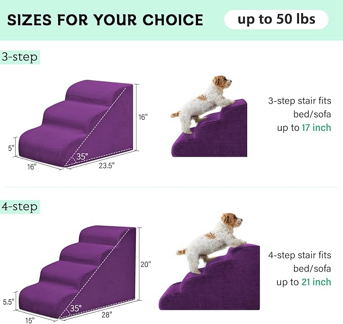 Dog Steps for Small Dogs, 4-Step Dog Ramp and Stairs for High Beds and Sofa, Non-Slip Pet Stairs Removable and Easy to Clean Cover, Purple