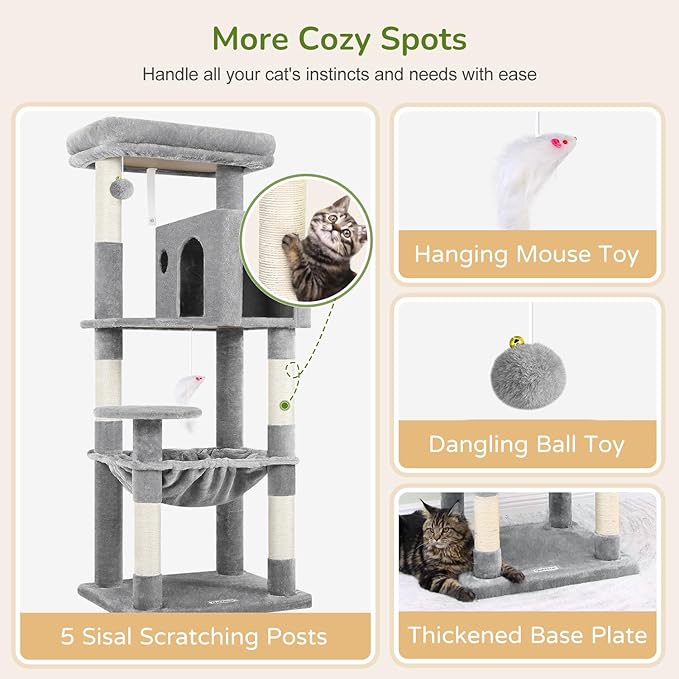 Globlazer Cat Tree Tower with Scratching Post for Indoor Cats, 53inch Tall Plush Multi-Level Cat Climbing Tower Condo House with Large Hammock, Spacious Cat Cave, Padded Top Perch Bed, F53, Light Gray