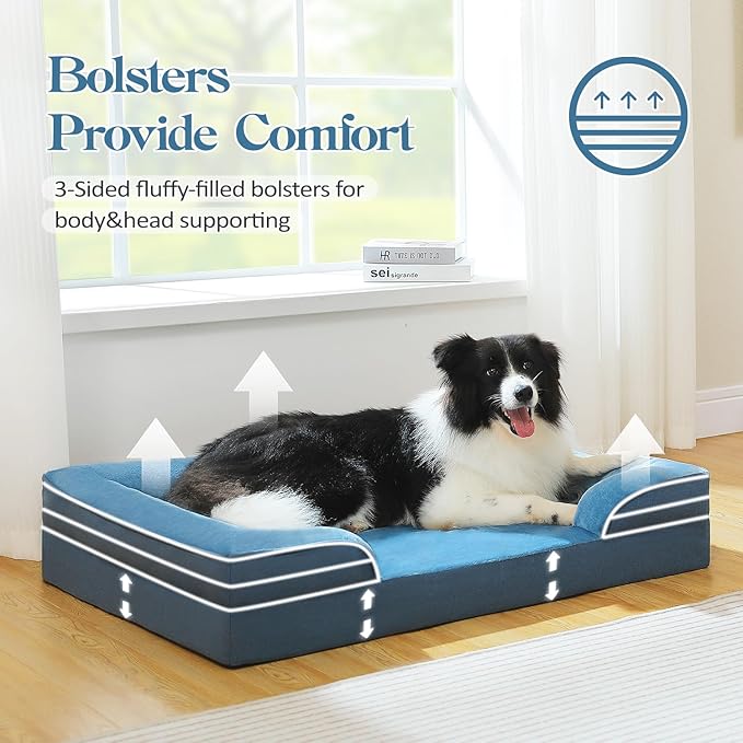 PAWZ Road Orthopedic Dog Bed Medium Size Dog Bed Washable with Supportive Foam,2-Layer Waterproof Cover and Non-Slip Bottom for Small, Medium Dogs-Blue Large