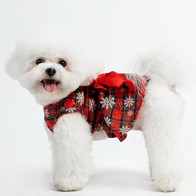 PUPTECK Plaid Dog Christmas Dress Cute Puppy Costume Outfit Small Dogs Clothes with Bowknot Skirt, Snow, M