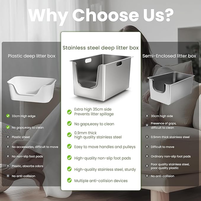 Stainless Steel Litter Box 11.8'' High Sides, XL Metal Cat Litter Box with Curved Low Entry, Cat Litter Pan for Big & Multiple Cats, Pet Toliet with Handy Wheels for Easy Moving