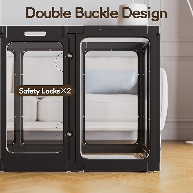 Jalove Clear Acrylic Dog Playpen Indoor, 12 PCS Plastic Puppy Playpen with Door, Cat Rabbit Ferret Pet Play Pen, Easy Assemble Dog Fence Crate Kennel Whelping Cage Enclosure for Small Dogs, Black