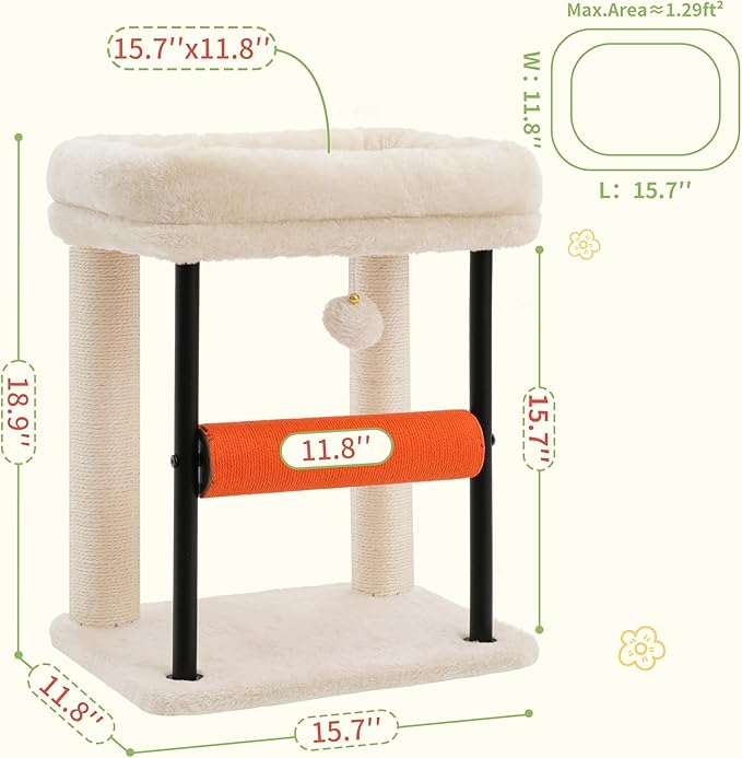 Hey-brother Cat Tree, Cat Scratching Posts with Bed, Sturdy Tower with Fully Sisal-Wrapped Columns and Plush Toy Ball for Indoor Kittens, 18.9 inches, Beige MPJ010SM