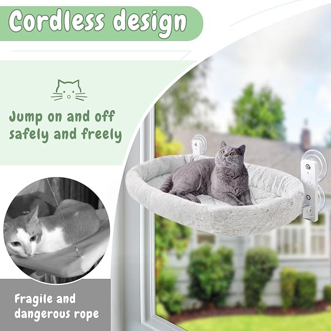 Sunhoo 2PCS Cat Window Perch Hammock Cordless Kitty Sunny Bed Seat Window Sill Shelf for Inside Cats Foldable Lounger with 4 Strong Suction Cups Soft Plush Cover 21 * 11.8 in Holds up to 40lbs (Grey)