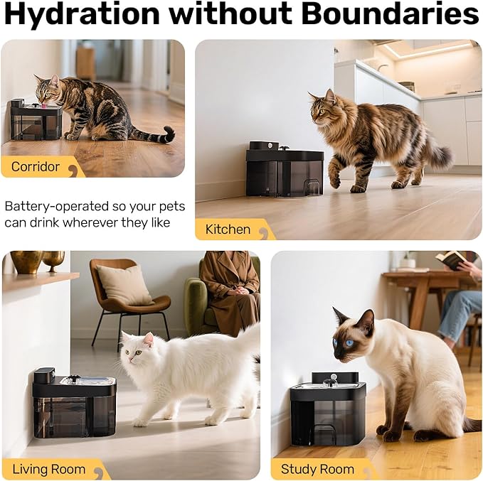 Cat Water Fountain, Wastewater Separation & No Filter Cotton, Pet Water Dispenser with 101oz/3L Large Capacity Tank, Wireless Automatic Water Fountains for Cats Indoor Cat Watering Supplies